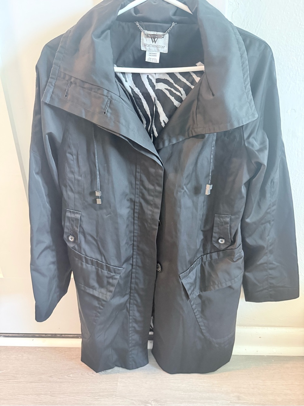 Worthington Black Trench Coat with Zebra-Print Lining, size medium, like new